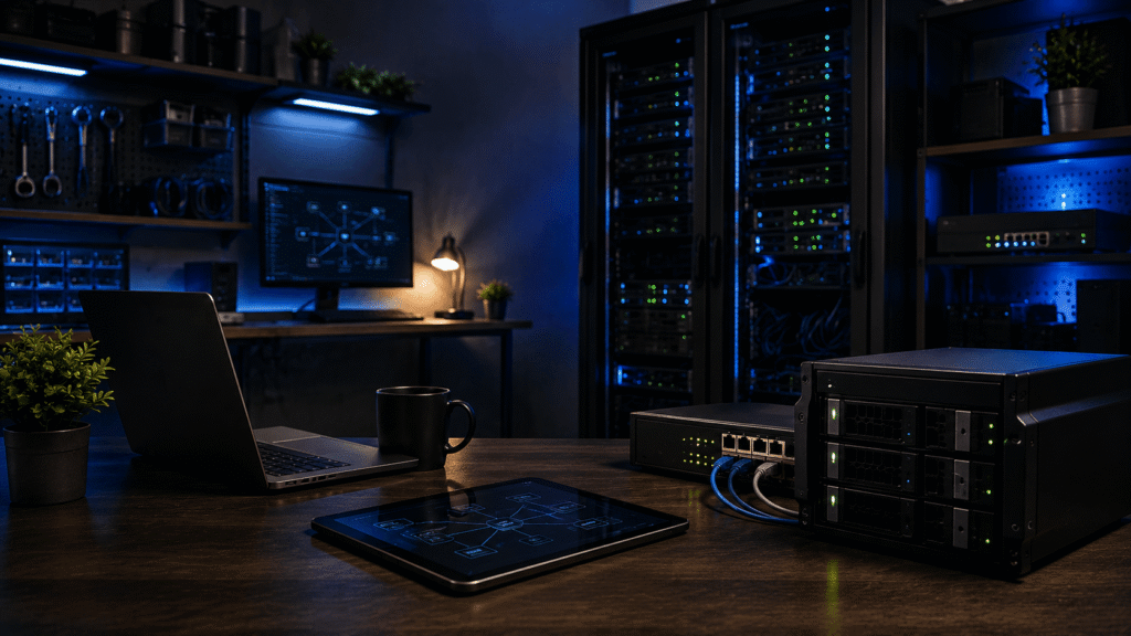 Modern homelab met servers, netwerkapparatuur en werkplek