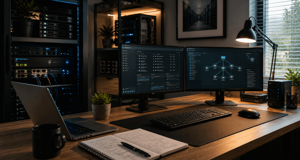 Moderne thuiswerkplek met homelab